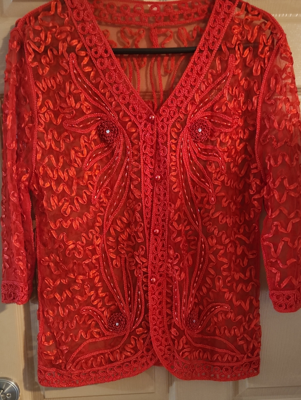 Red Embroidered V-Neck Women's Blazer